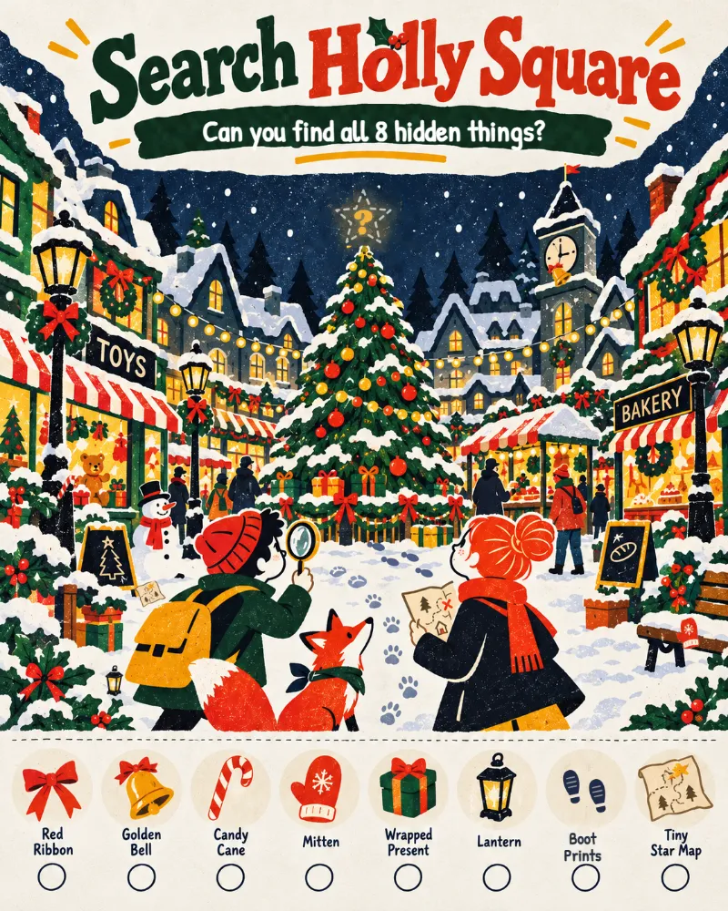 Search Holly Square: a busy snowy square with 8 hidden things to find.