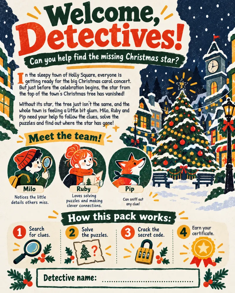 Welcome, Detectives! The story page: the star has vanished from the town's Christmas tree, and Milo, Ruby and Pip need help.